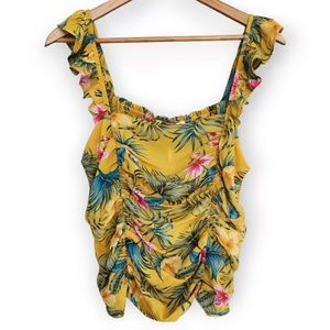 ❤️❤️ Rose and Olive Yellow Tropical Print Ruched Tank Top Blouse❤️❤️